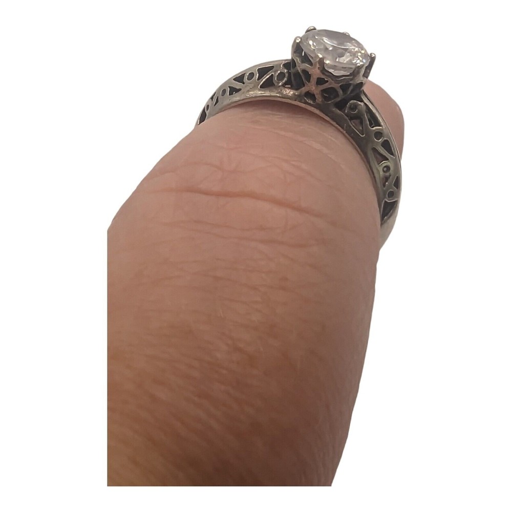 Art Deco Style Sterling Silver  Cubic Zirconia Solitaire Filigree Ring Size 6.75 - Picture 3 of 11
